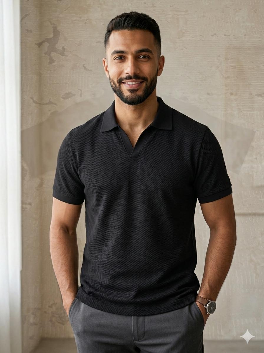 Men's Polo T-Shirt with Stylish V-Neck - Black | Talla
