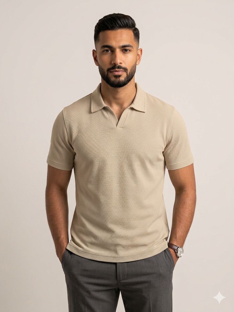 Men's Polo Shirt with Stylish V-Neck - Beige | Talla طلهّ