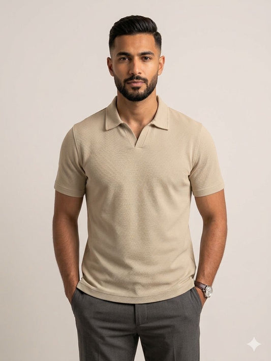 Men's Polo Shirt with Stylish V-Neck - Beige | Talla طلهّ