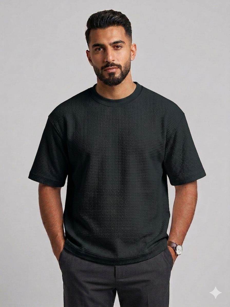 Men's Waffle T-Shirt, Premium Summer Fabric - Black | Talla