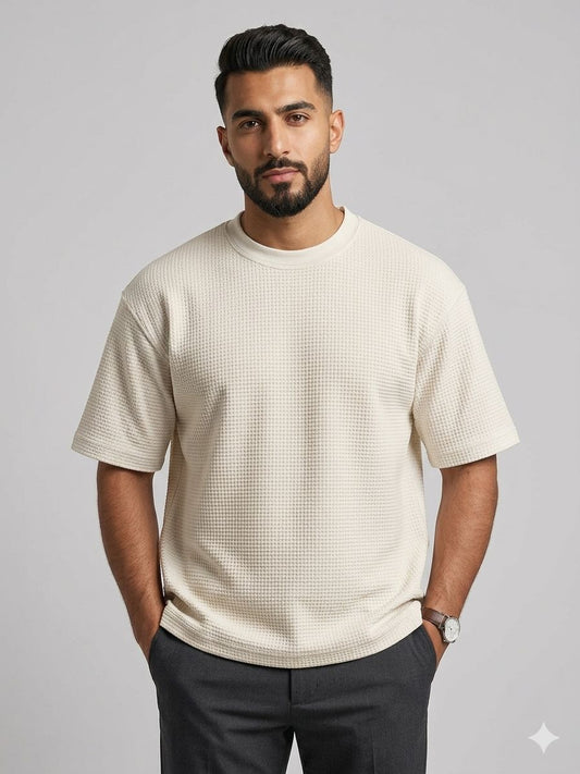 Men's Waffle T-Shirt, Premium Summer Fabric - Cream | Talla