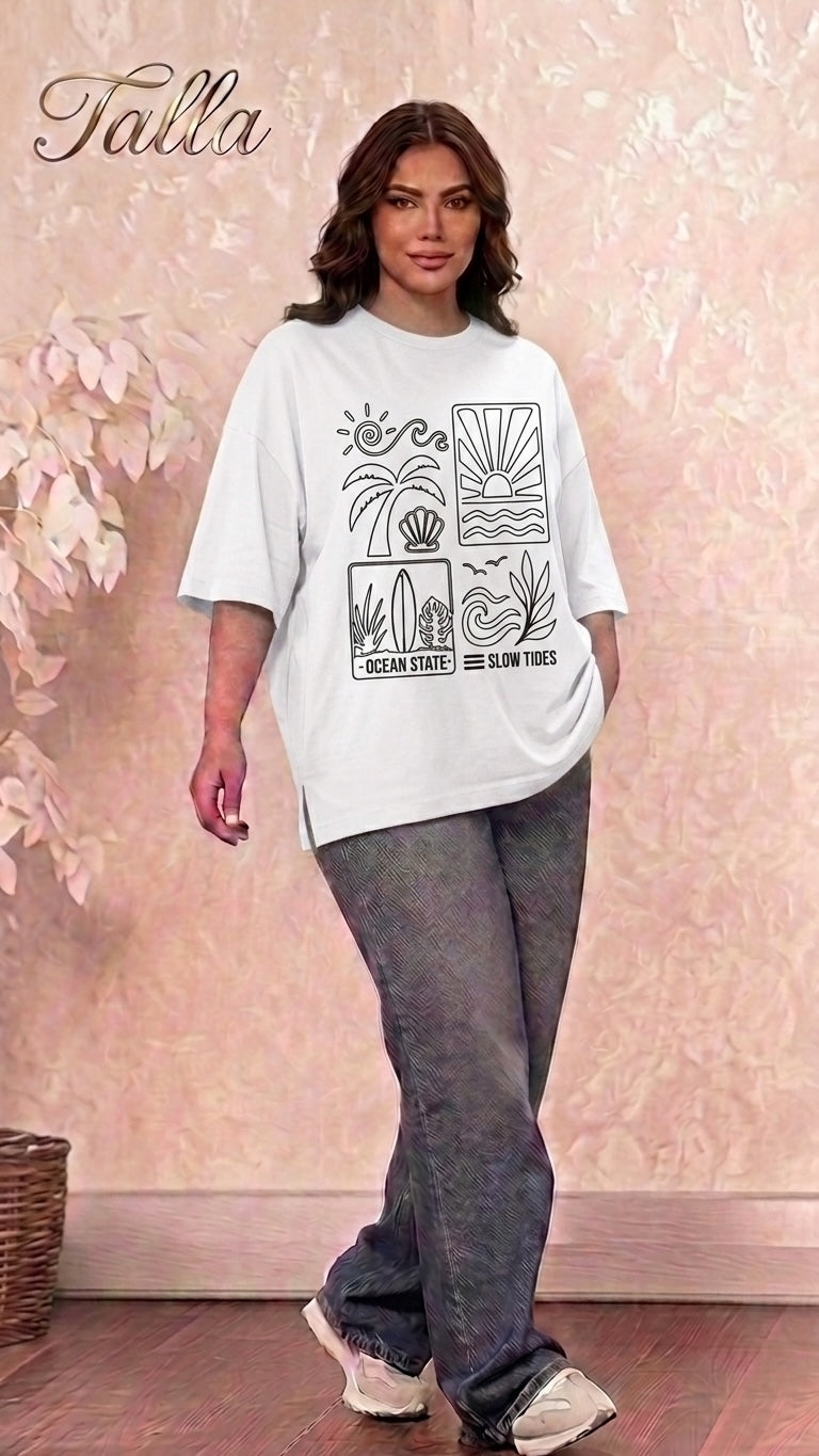 Talla | طلةّ white oversized cotton t-shirt with black ocean-themed graphic print worn by a woman with dark hair.