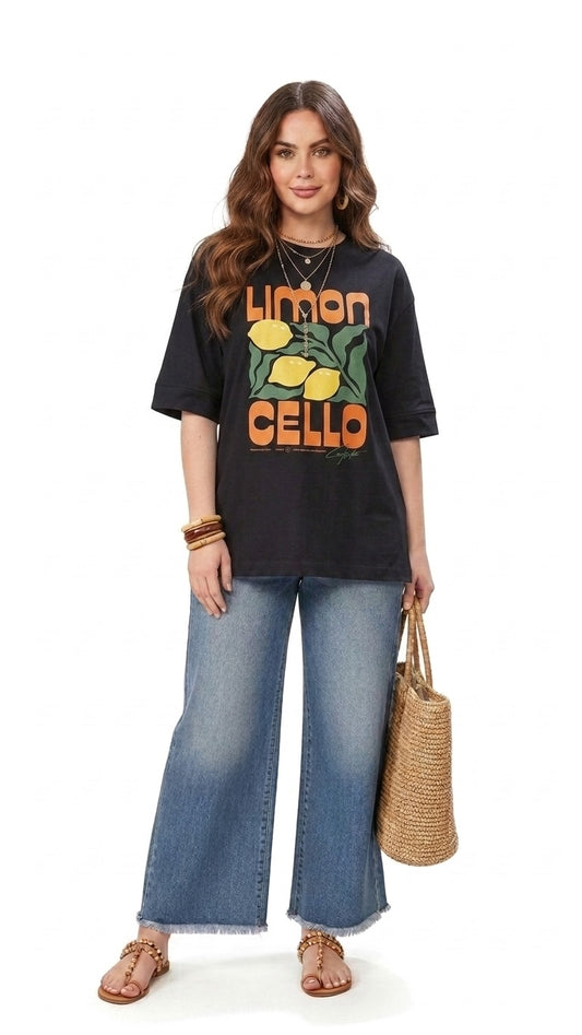 Talla | طلةّ black cotton t-shirt with Limoncello graphic print, oversized fit, and elbow-length sleeves on a model.